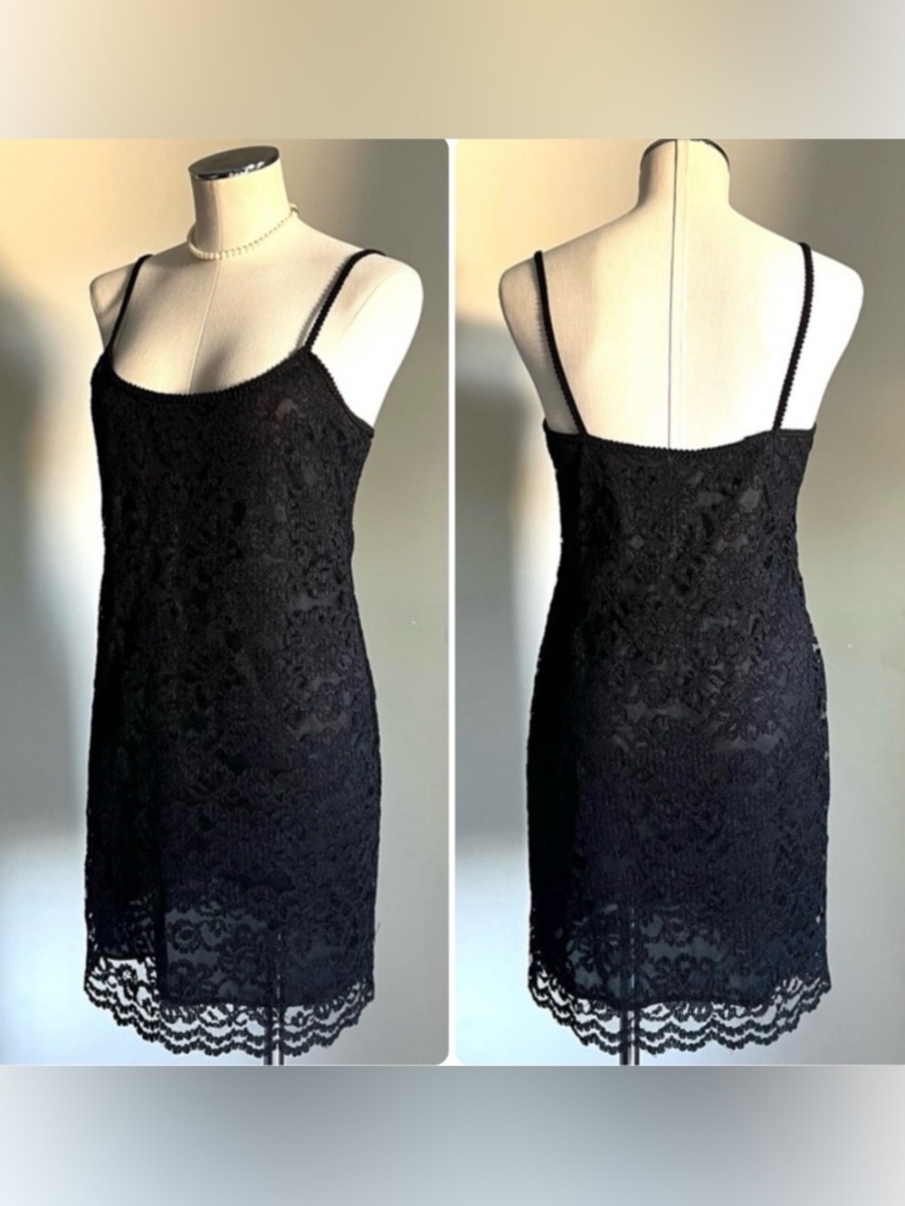 VTG 1980s Delicates Black Mini Dress Sz M Lace Overlay Whimsigoth USA LBD Chic